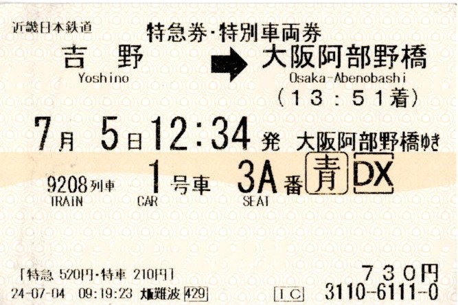 特急券・特別車両券(16200系・9208K)(2024.7.5)